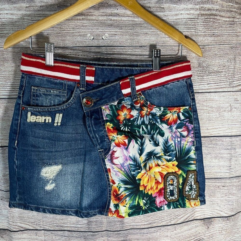Desigual Asymmetrical Upcycled Denim Mini Skirt Size 38/US Sz 6